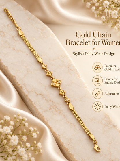 A gold chain bracelet with geometric square links is displayed diagonally on a marble slab with draped satin fabric and small white flowers. Text on the right reads 'Gold Chain Bracelet for Women' with feature icons for premium gold-plated, geometric square design, adjustable size, and daily wear.
