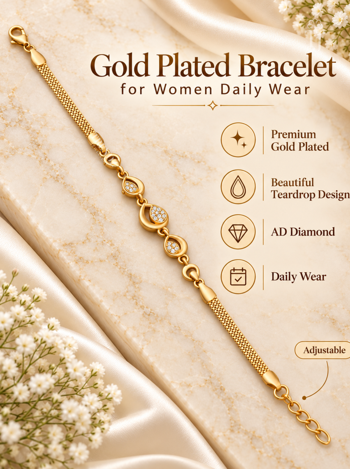 Gold-plated teardrop link bracelet for women, displayed diagonally on a beige marble-textured background with elegant cream satin fabric and small white flowers. The image includes descriptive text and feature icons highlighting premium gold plating, teardrop design, AD diamond, and daily wear suitability.