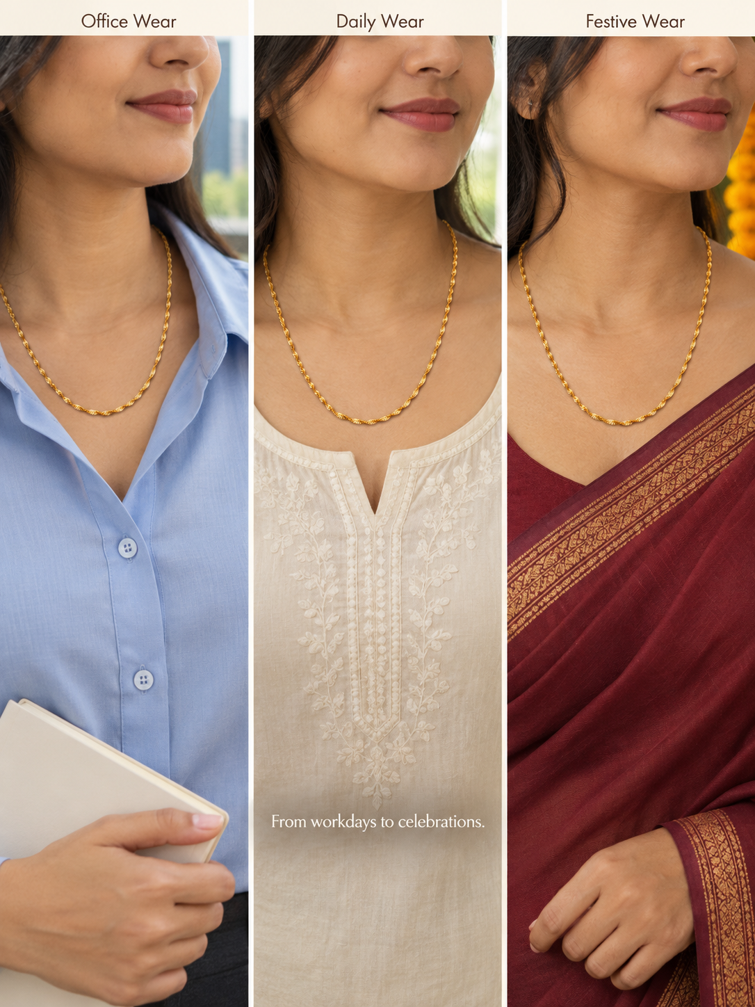Twisted gold plated chain styled with blue office shirt, white kurta and maroon saree