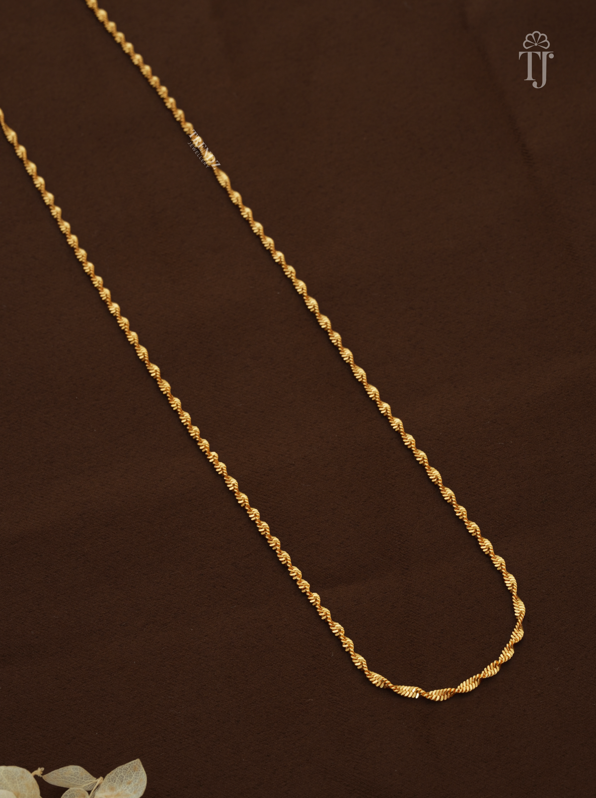 Close view of thin twisted gold chain with spiral links