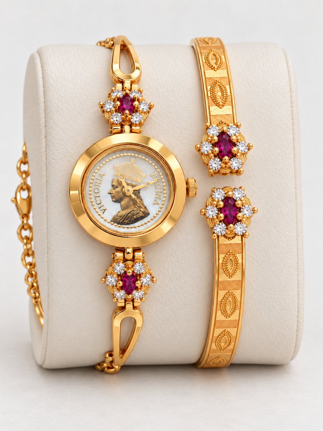 Watch and bracelet combo for women, gold plated watch and kada with ruby colour and AD stones