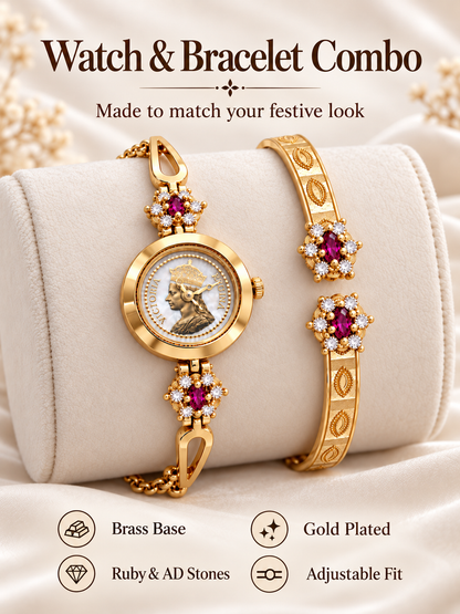 Watch and bracelet combo with brass base, gold plating and adjustable fit, Trendz Jewellery